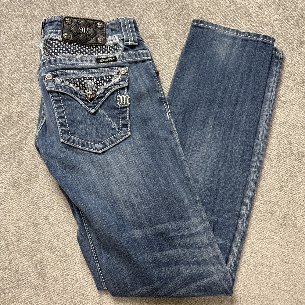 Miss Me 27 Straight Jeans Bedazzled Rhinestones Distressed Buckle Embellish